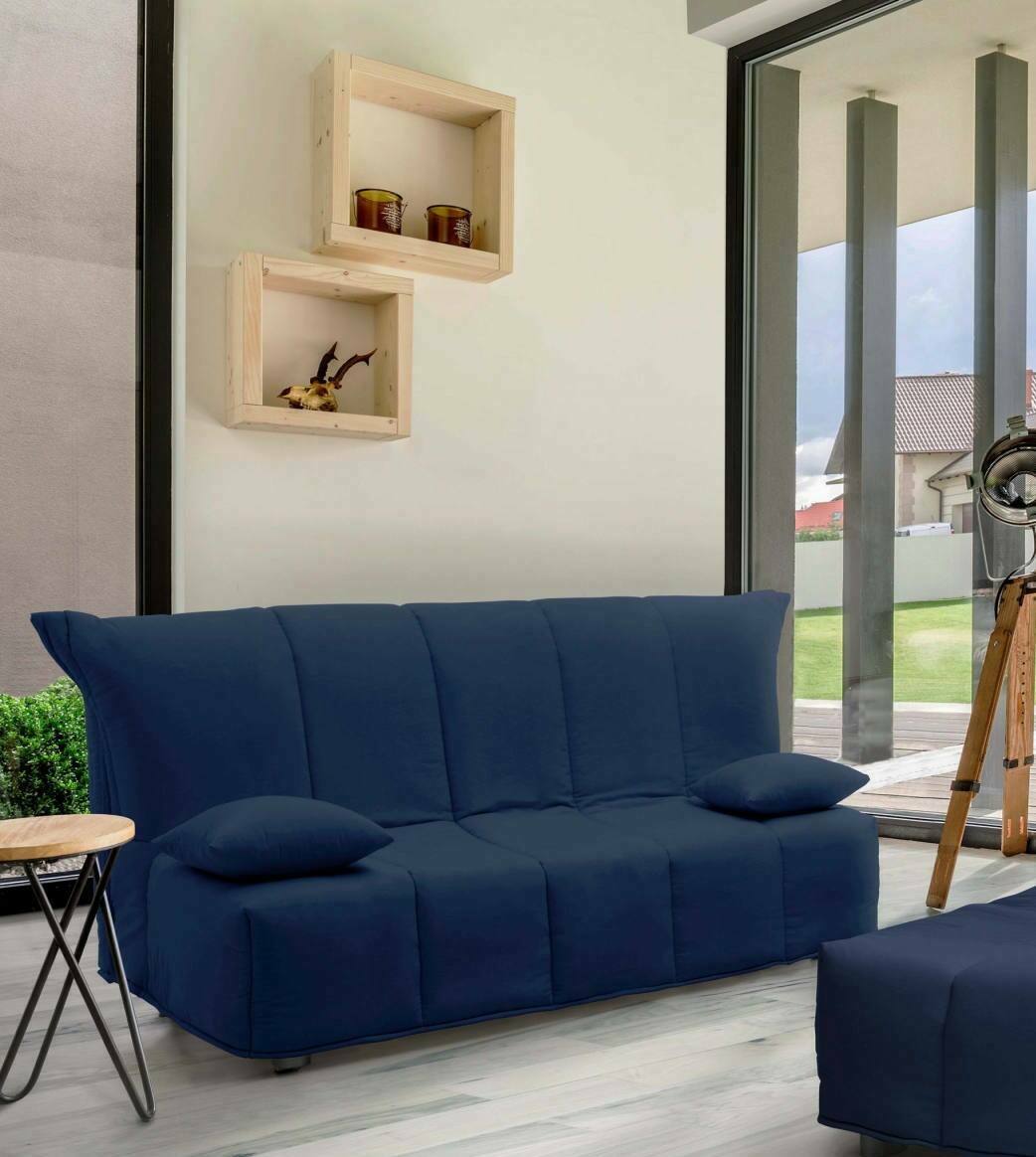 Sofá cama 2 plazas alisee, sofá de salón con apertura para carro de tejido acolchado, cojines incluidos, 100% made in italy, cm 125x90h85, azul