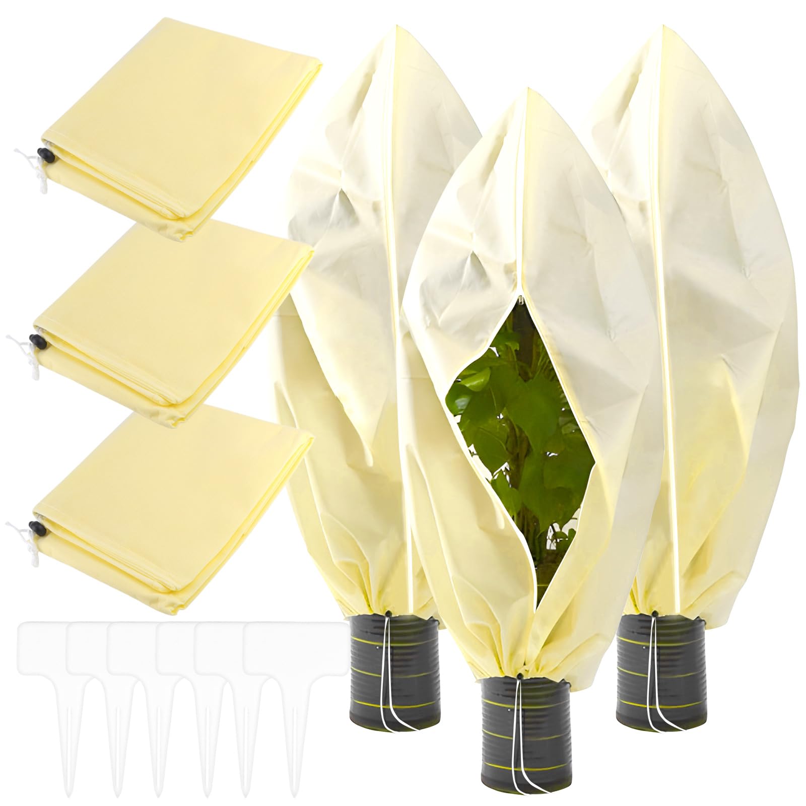 Zestaw 3 pokrowców ochronnych na rośliny, ochrona przed mrozem, osłona przeciwmrozowa na rośliny ze sznurkiem i zamkiem błyskawicznym, 80 x 100 cm