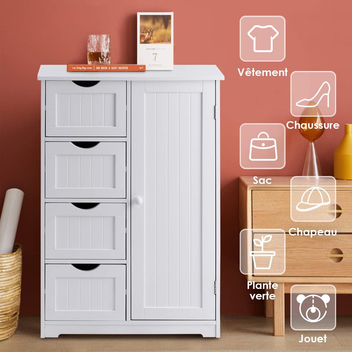 Commode de Rangement avec 4 Tiroirs et Porte Magnetique, Etagere Hauteur Reglable, Meuble de Rangement pour Salon/Chambre/Bureau Blanc 55 x 30 x 81CM - 5