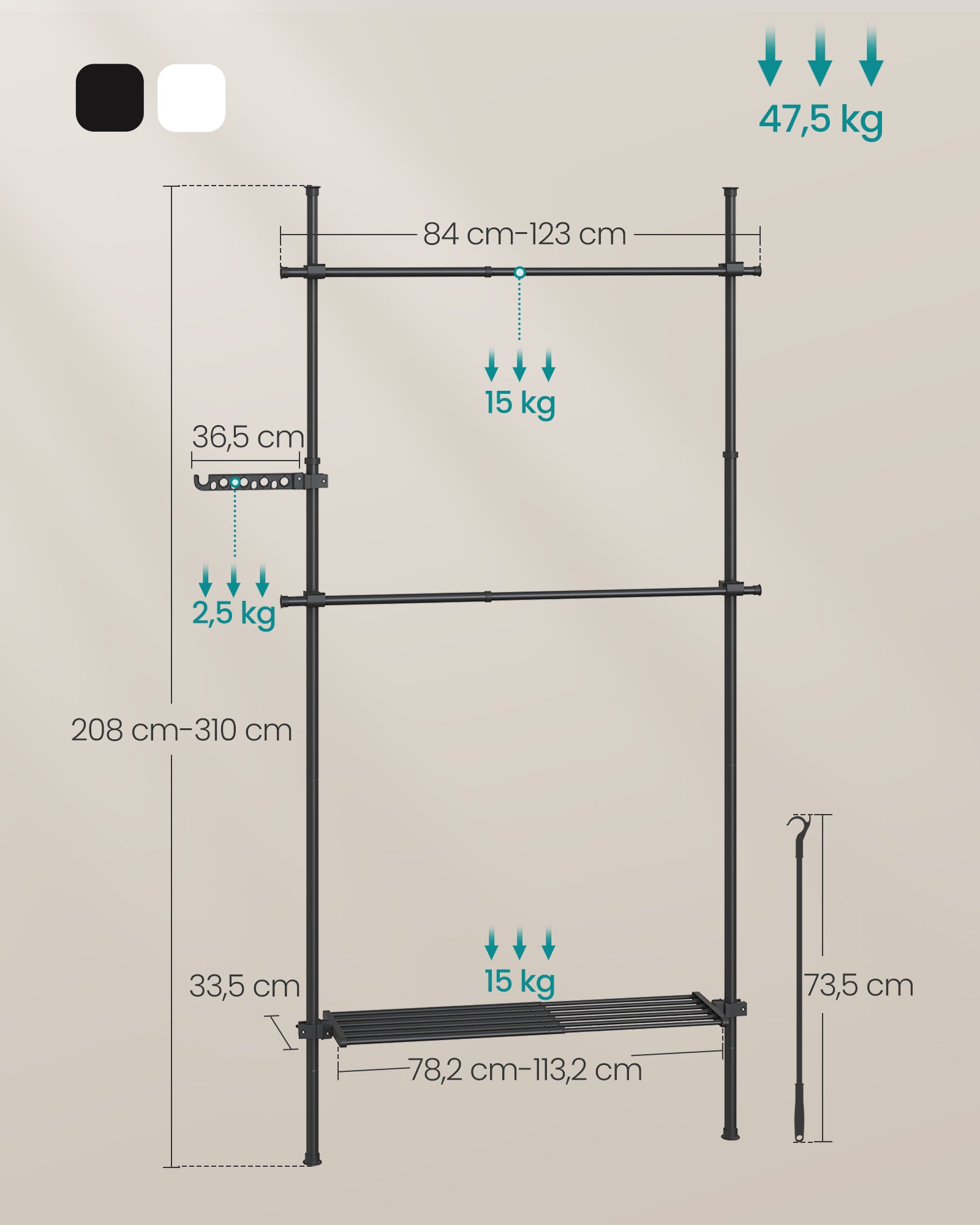 Portant à Vêtement du Sol au Plafond, Rangement 3 Niveaux, Étagère Extensible, Bras de Support Pliable, Barres Télescopiques, Noir Mat - 5