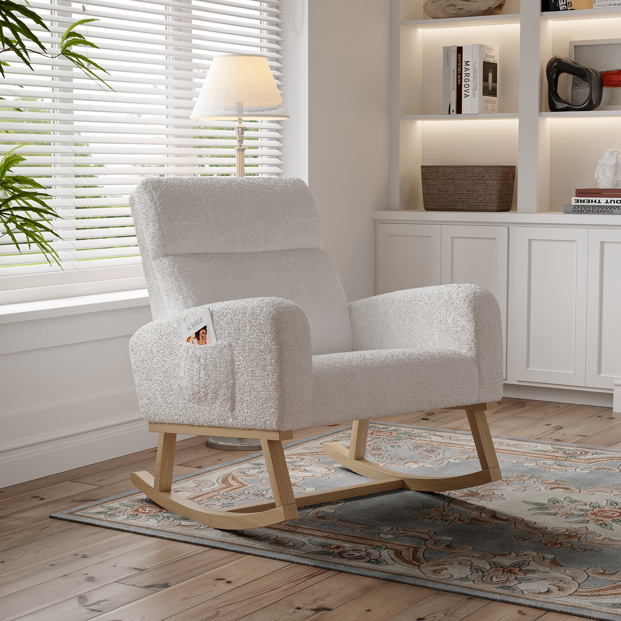 Fauteuil à Bascule, Rocking Chair en Tissu Teddy, Fauteuil Allaitement Scandinave, Chaise à Bascule en Bois Massif pour Salon, Chambre, Balcon, Blanc - 4