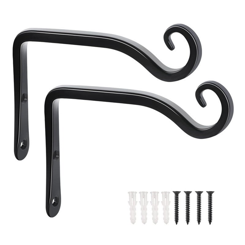 Zestaw 2 czarnych haczyków ściennych, dekoracyjnych, z kutego żelaza do ogrodu, ze śrubami do roślin, karmników dla ptaków, latarni