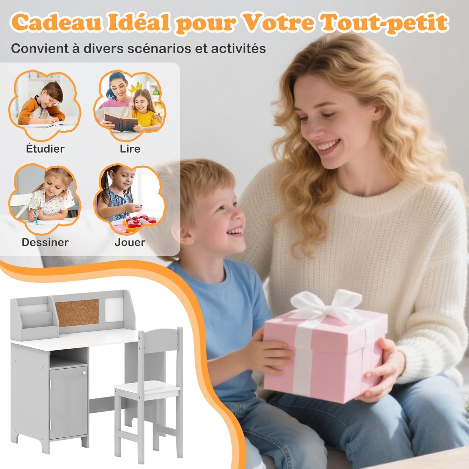 Bureau Enfant avec Chaise, Table d'Étude avec Tableau Blanc et Marqueur, Bureau Enfant 3+ Ans avec Rangement pour Maison, École, Charge 90 (Gris) - 6