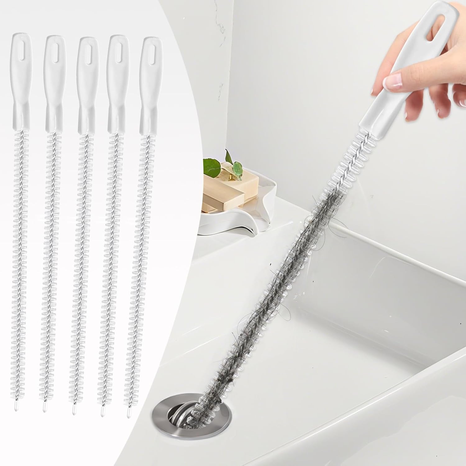 Zestaw 5 szczotek do czyszczenia odpływów kanalizacyjnych, elastyczna szczotka do rur 45 cm, szczotka do udrażniania odpływów, szczotki do czyszczeni