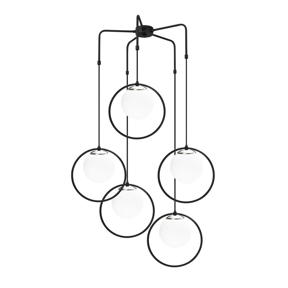 Lámpara de techo escott 5 luces nórdico con aros negros y esferas de cristal blanco en el interior ø74 cm