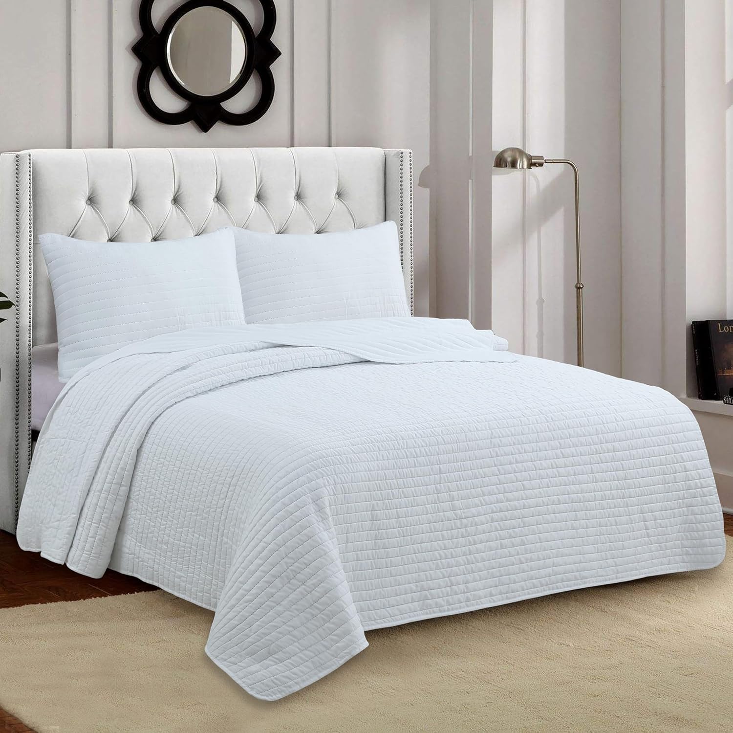 Haradeco colcha rayas blanca cama 150/160, colcha de verano ligera, cubrecama lisa+ 2 fundas almohada para todas las estaciones(250x260cm)