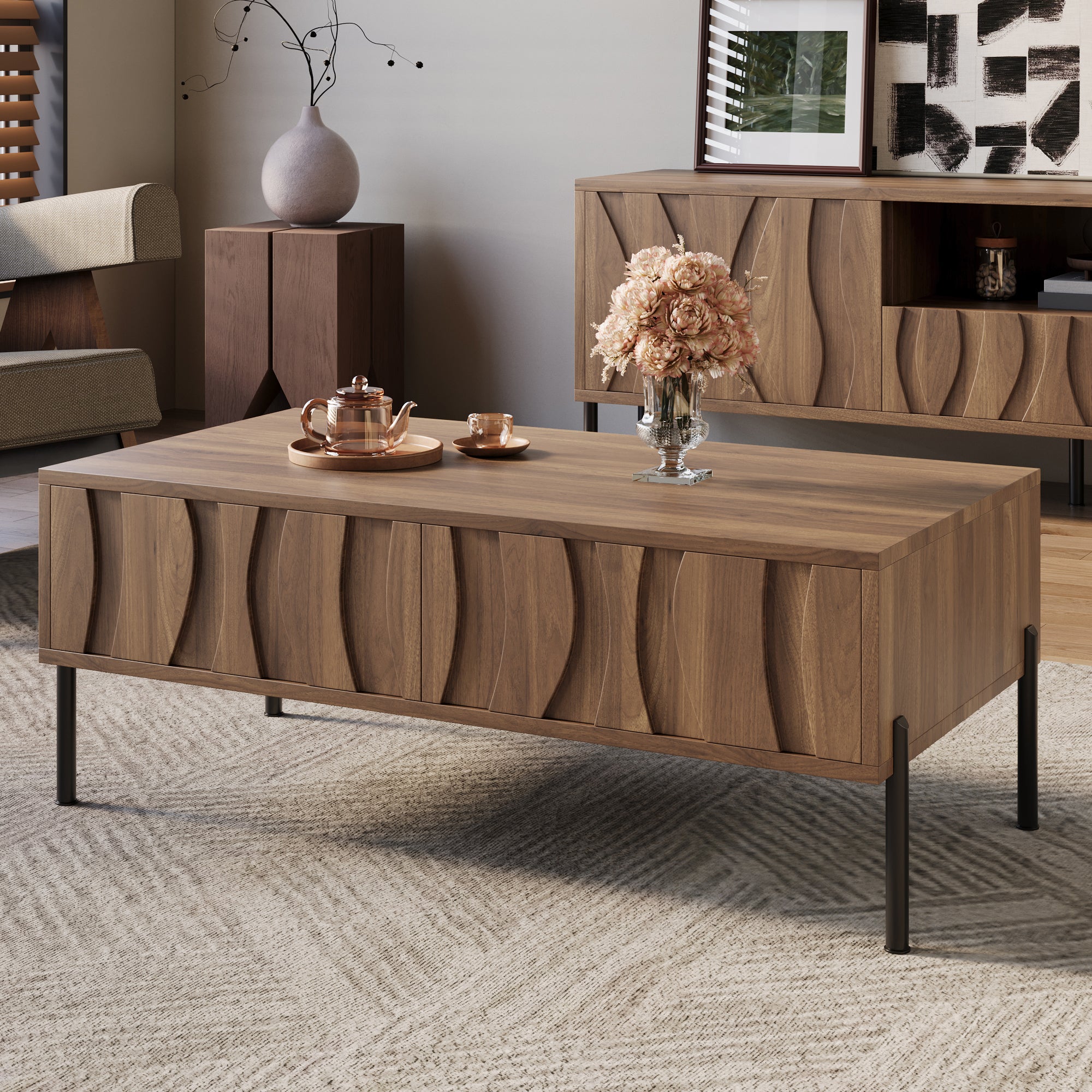 Zestaw stolika kawowego i szafki RTV - 160 x 35 x 46 cm + 105 x 55 x 41 cm - Drzwi z falistym wzorem - Płyta MDF - Naturalna - 9