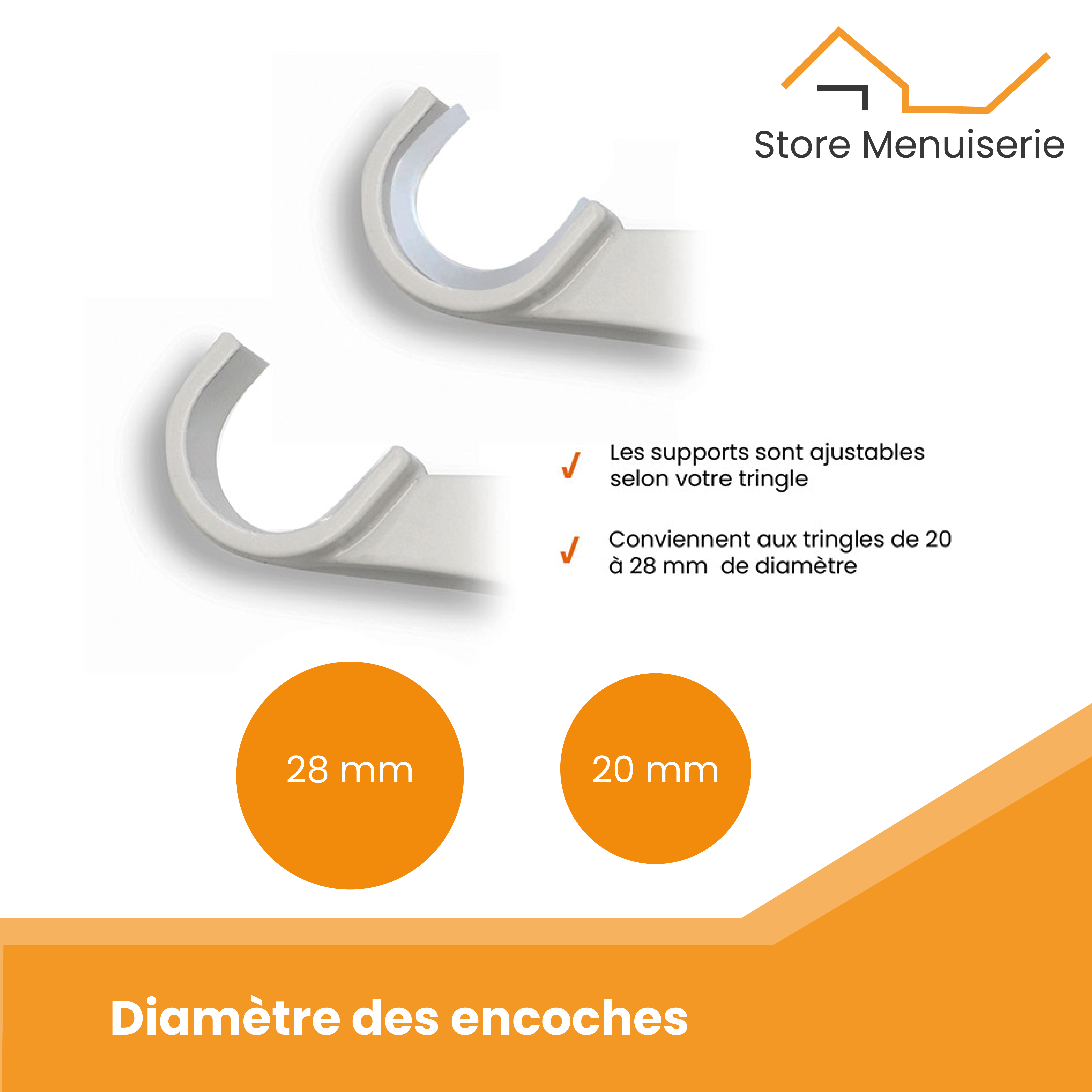 2 Supports Sans perçage, Blanc, D.20/28, pour Tringle à Rideau sur Caisson de Volet - 3