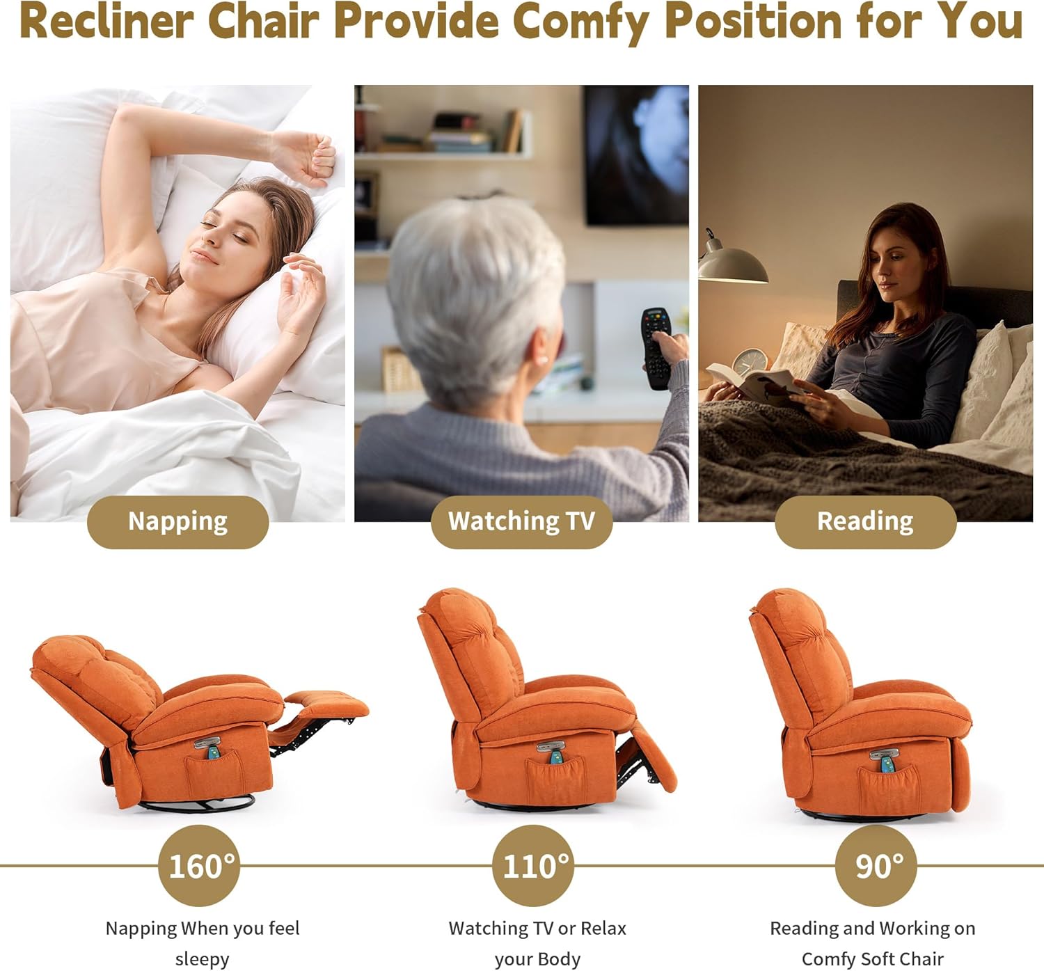 Fauteuil inclinable de Relaxation électrique, Chaise de Loisirs Fonction de Chauffage de Vibration, Connecteur Type C & USB(Orange) - 5