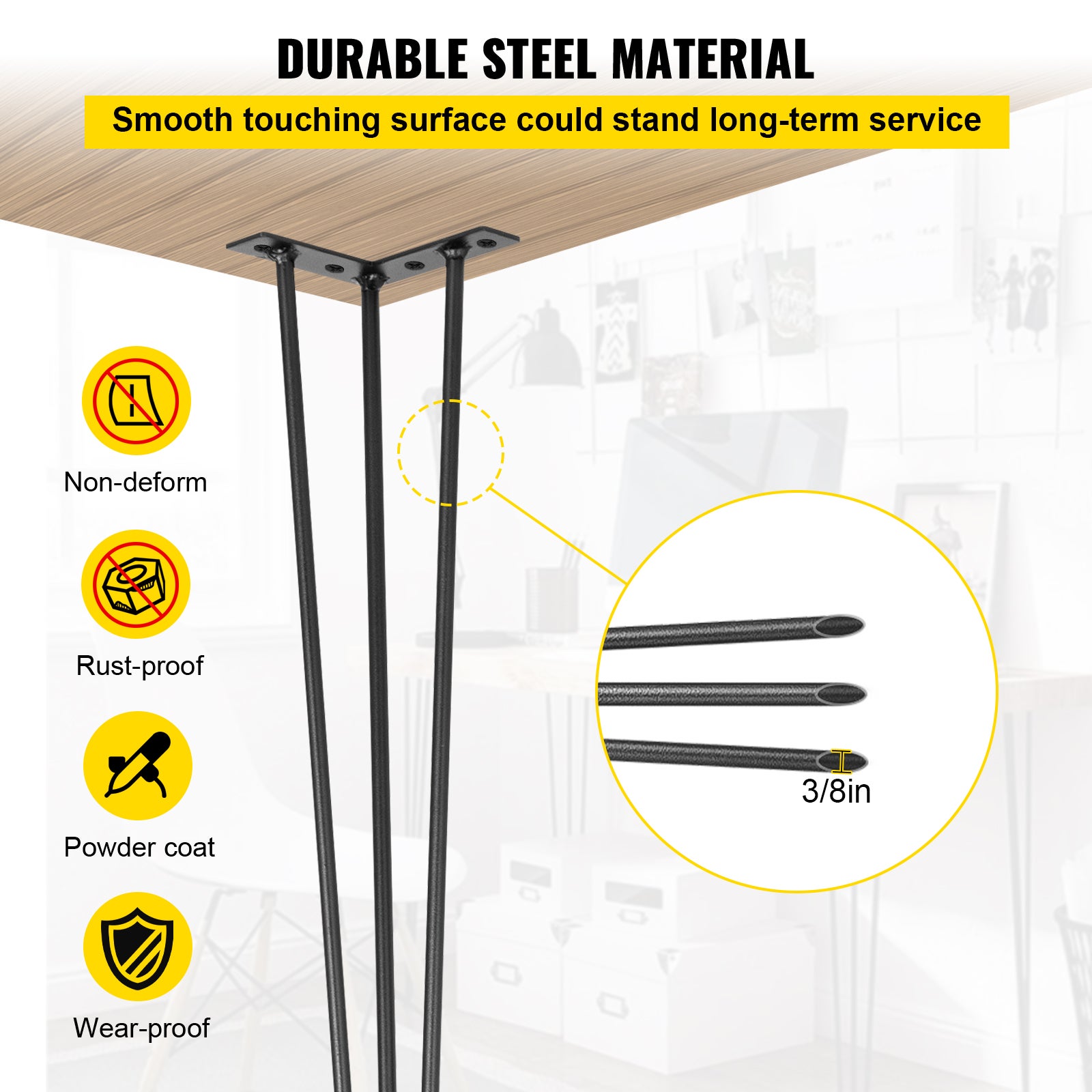 Pieds de Table Épingle 4Pcs VEVOR Acier Noir 20 Pouces 3 Tiges Robustes, Pieds de Meubles Épingle pour Table Bureau DIY Salon Cuisine - 4