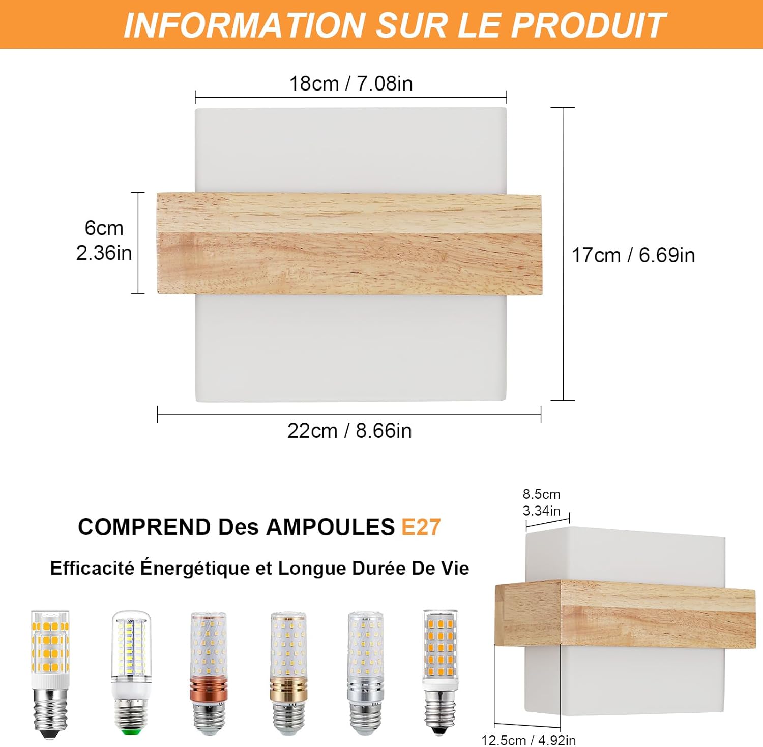 GOECO Applique Murale Interieur, 12W Moderne Lampe Murale en Bois avec Abat-jour en Verre E27, 3 Température de Couleur 3000K/4500K/6500K - 2