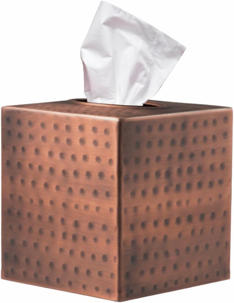 Opakowanie 1 szt., 12,7 dł. x 12,7 szer. x 13,3 wys., pokrowiec na pudełko na chusteczki, antyczne złoto, ręcznie kuty, metalowy, kwadratowy uchwyt na