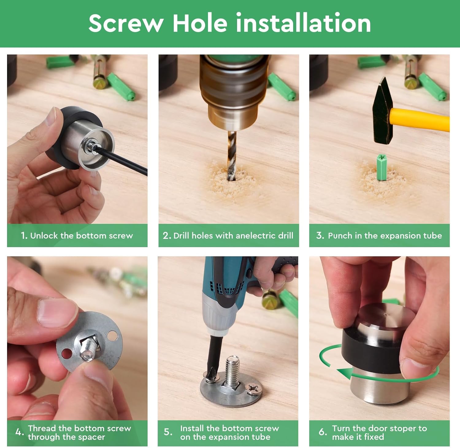 2 Pièces Butoir, Butoir de Porte Sol en Acier Inoxydable, Arrêts de Porte de Plancher, avec Vis et Colle 3M, 3 Méthodes D'installation - 5