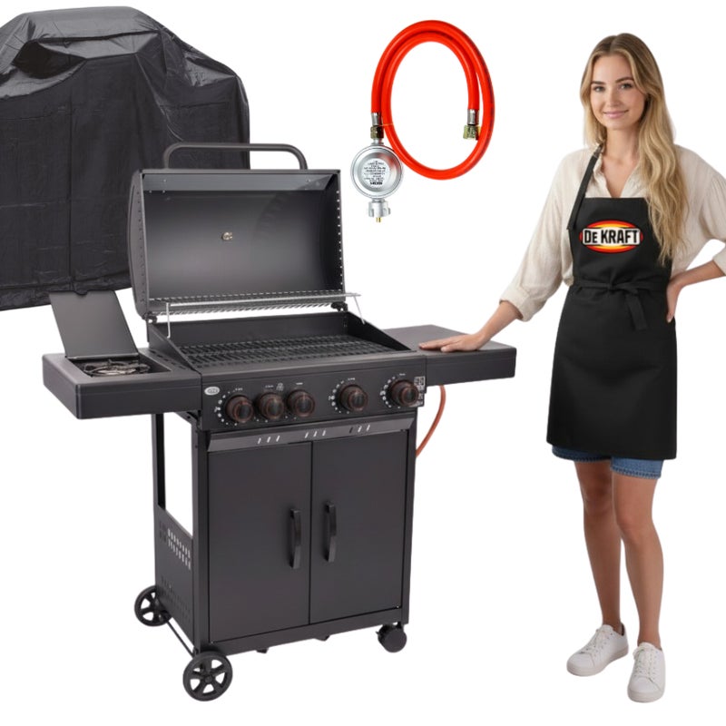 GRILL GAZOWY DEKRAFT CZARNY (NEVADA) 4+1 (11,2+ 2,5 kW) - RUSZT ŻELIWNY+POKROWIEC