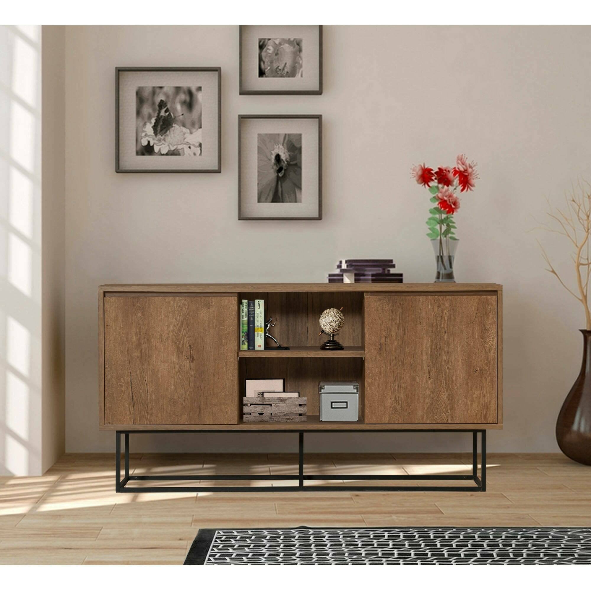 Credenza Cucina Nera In Legno Con 3 Ante E Ripiani Regolabili | Mobile Buffet Salvaspazio 160 Cm | Soggiorno E Sala Da Pranzo