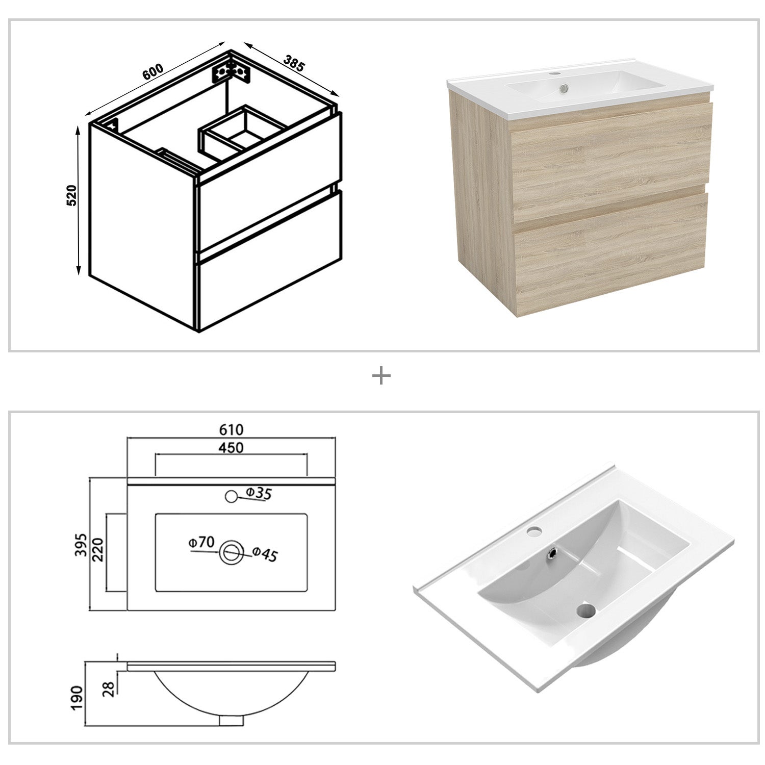 Ensemble meubles Salle de Bain 60cm 4pcs vasque + colonne + miroir LED Chêne Wotan - OCEAN - 4