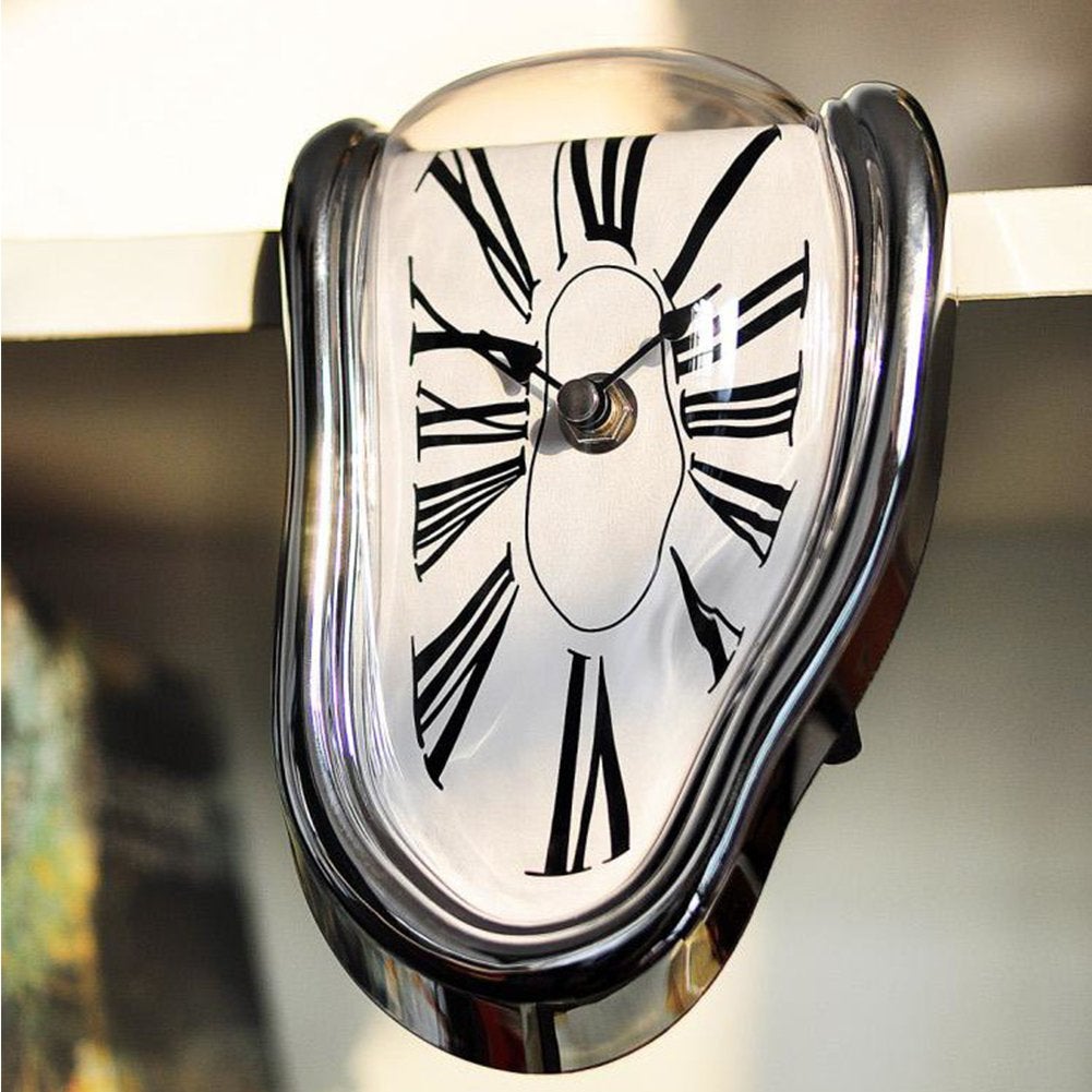 Horloge fondante style Dali quartz, décoration murale et de table. Design déformé tendance couleur argentée, original et ludique. - 2