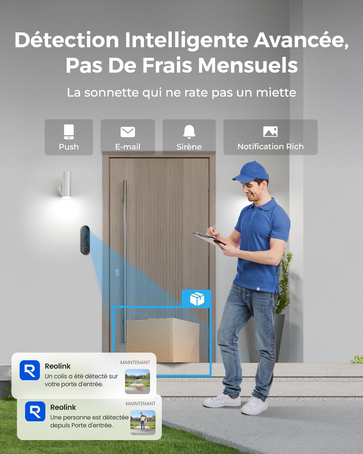 Caméra Sonnette 2K sans Fil avec Batterie, Wi-FI 2.4/5GHz, Vue tête ...