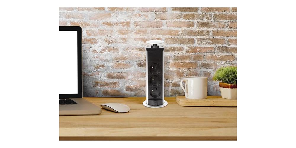 Perel Bloc multiprise escamotable, 3 prises avec terre française (type E), diamètre 71 mm, usage intérieur, noir/gris - 8