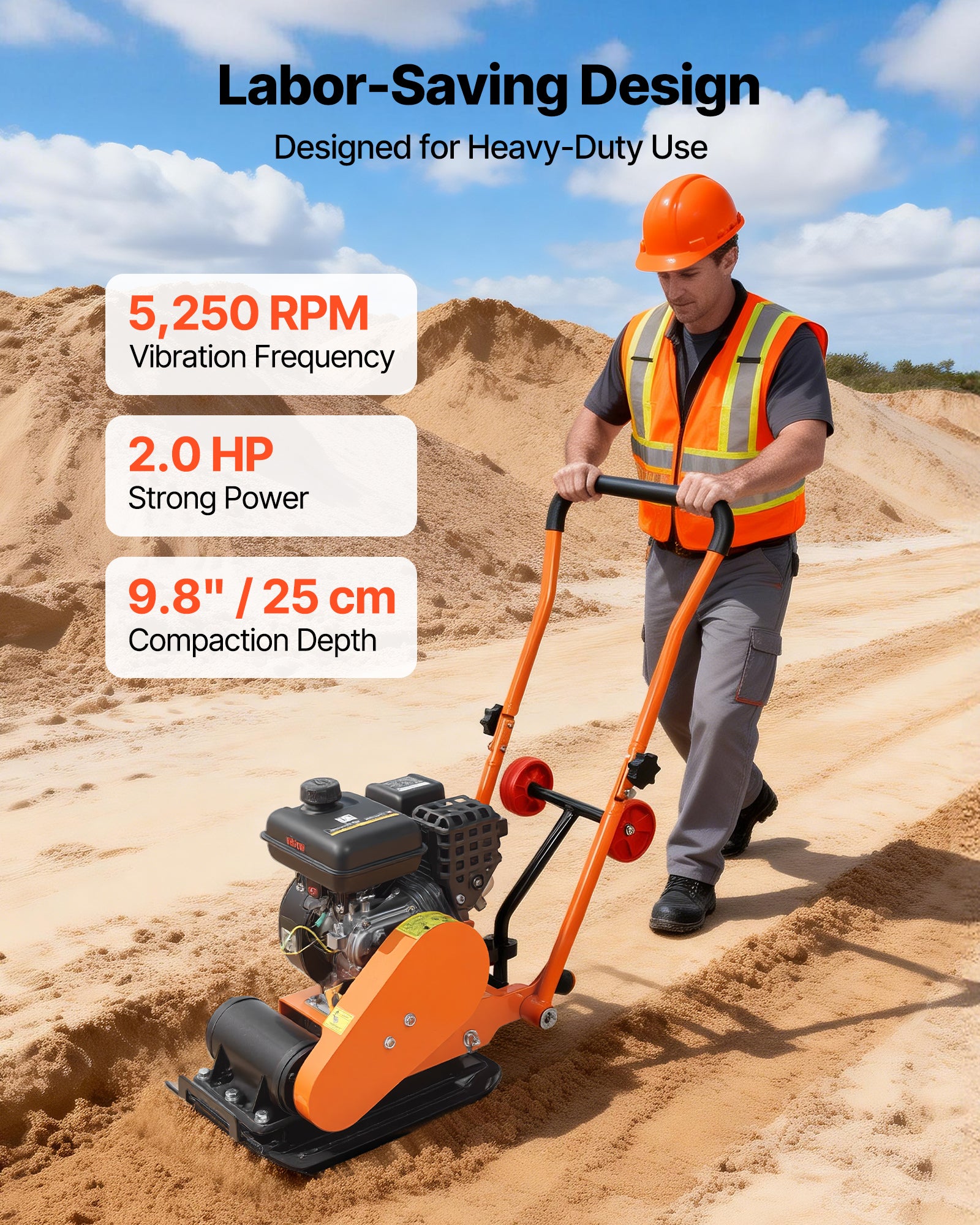 Plaque Vibrante Thermique VEVOR 8 kN Compacteur à Plaque Vibrante Essence 2 hp, 5250 VPM, Zone de Compactage 41x31,5 cm, pour Pavages, Asphalte - 2