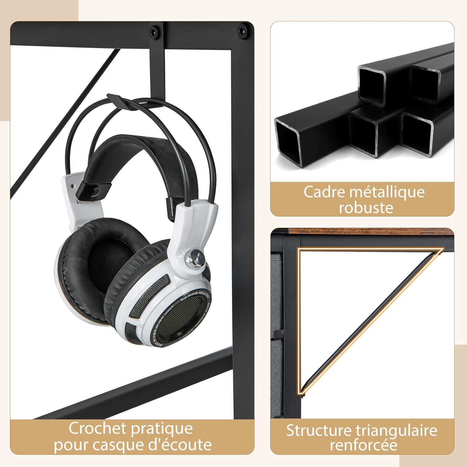 Scrivania da 120CM/140CM, Scrivania con 2 Cassetti, Gancio e Ripiano, Scrivania Moderna e Multiuso per Studio, Ufficio e Camera da Letto, Marr - 3