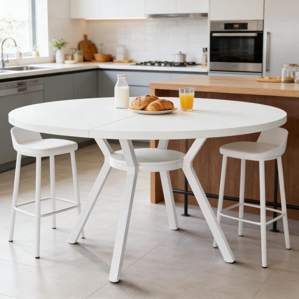 Mesa de comedor redonda blanca, mesa de cocina elegante, mesa multifuncional de metal y madera para comedor, sala, recepción o cafetería