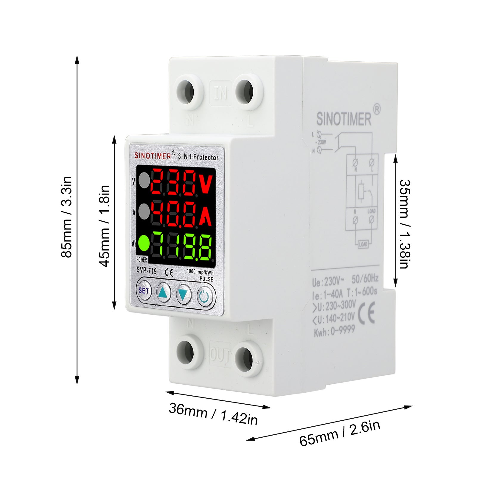 Relais de tension 230V 40A DIN avec écran LCD, protection surtension et sous-tension, limiteur de courant, réarmement automatique SVP-719 - 9