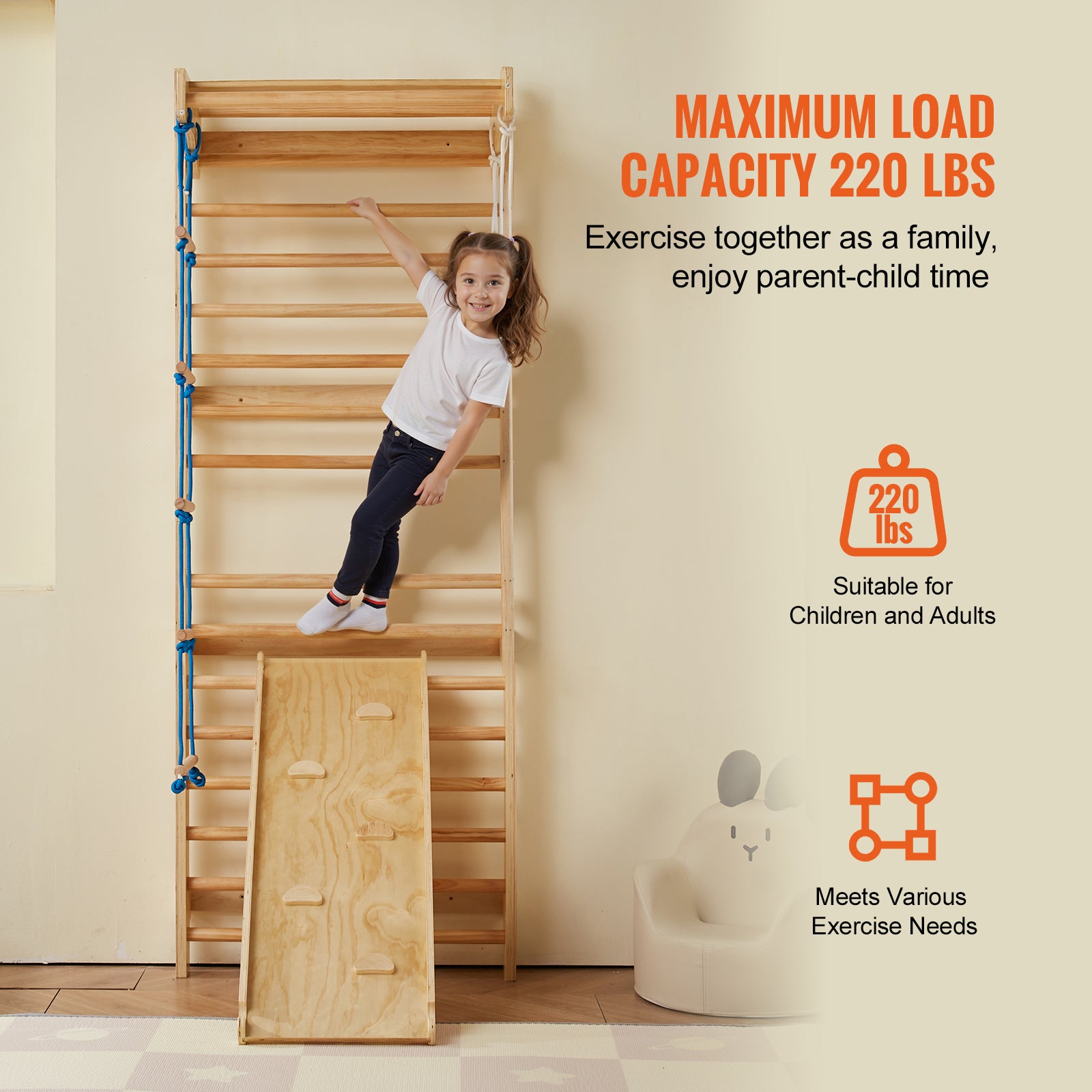 Échelle Murale Suédoise 5 en 1,VEVOR Jouets Escalade,Capacité 220 lb,Barre Traction,Anneaux Gymnastique,Échelle Corde,Planche Coulissante - 5
