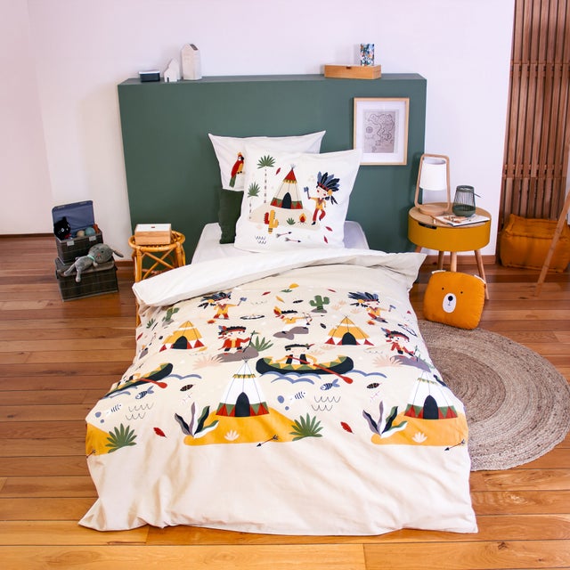 Parure de lit enfant réversible Pirates / Indiens - Beige - 140x200 cm - Coton