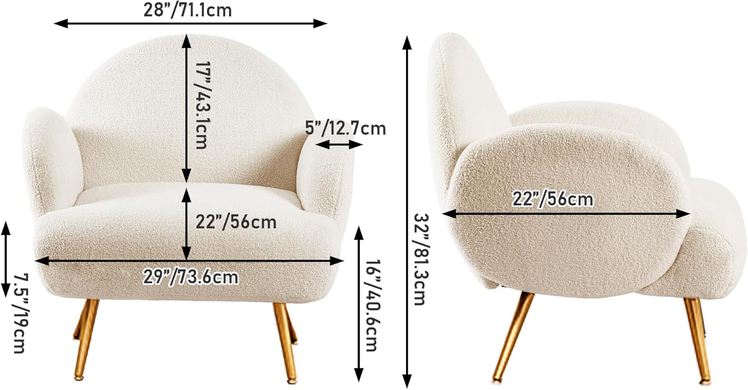 Fauteuil Moderne Décontracté avec Pieds en Métal Doré, Fauteuil Simple avec Dossier Confort pour Salon/Chambre à Coucher/Club, Blanc - 2
