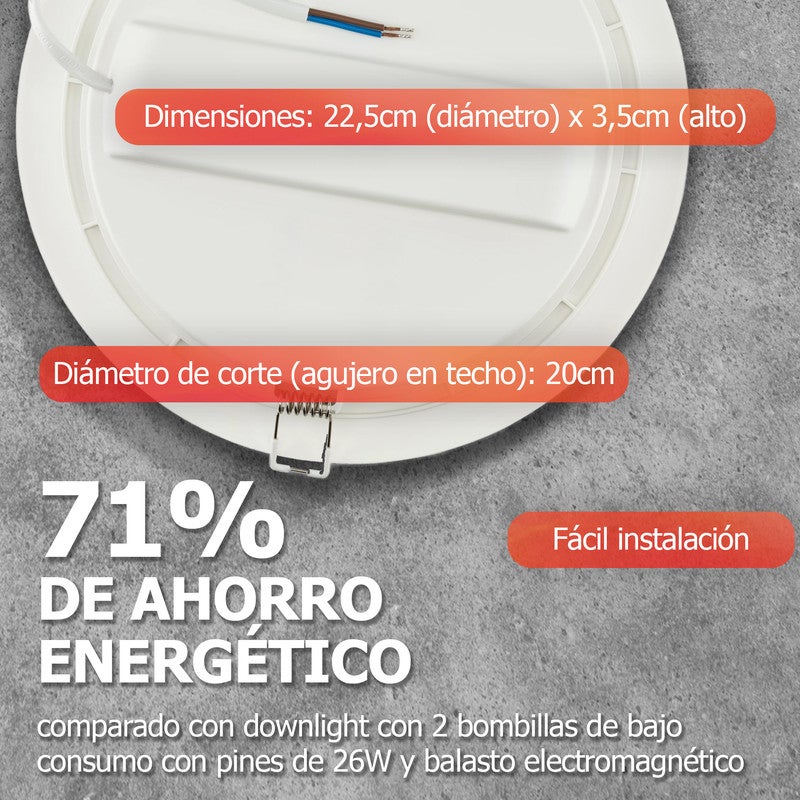 Downlight LED embutido no teto, 225 mm de diâmetro e 3,5 cm de altura, 20 W, 4000K, não regulável, 2000 lúmens, CRI80, IP20, 20.000 h - 5