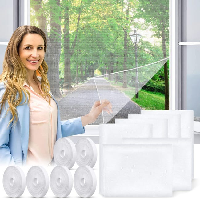 6 sztuk Siatka na okno, siatka na owady, siatka na komary z 6 samoprzylepnymi taśmami 130 x 150 cm (biała)