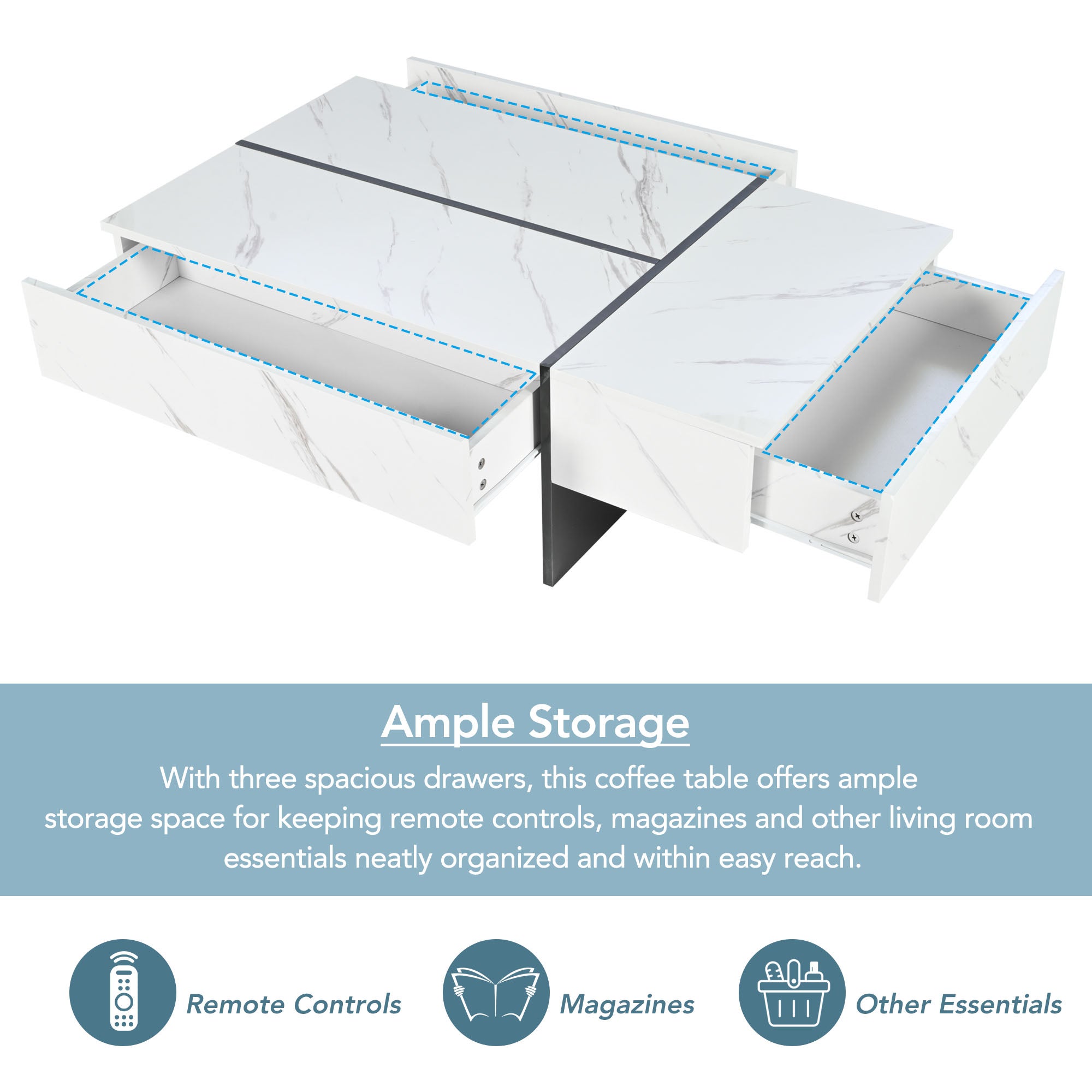 Table basse blanche moderne avec éclairage LED, motif marbre, plateau brillant - 105x60x35cm - 6