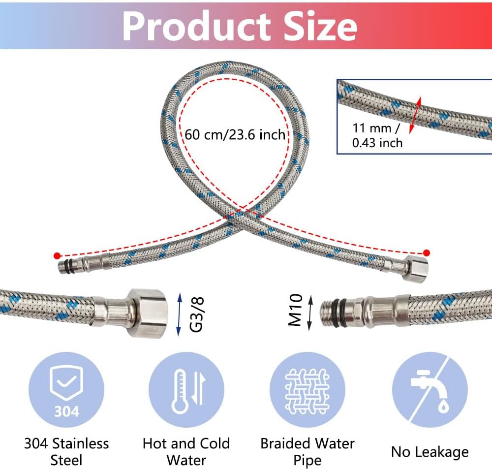 60 CM/Lot de 2 Tuyaux de Raccordement Flexibles Robinets G3/8 x M10,Tressé Acier Inoxydable Rallonge Lavabo Tubes(Rouge et Bleu) - 2
