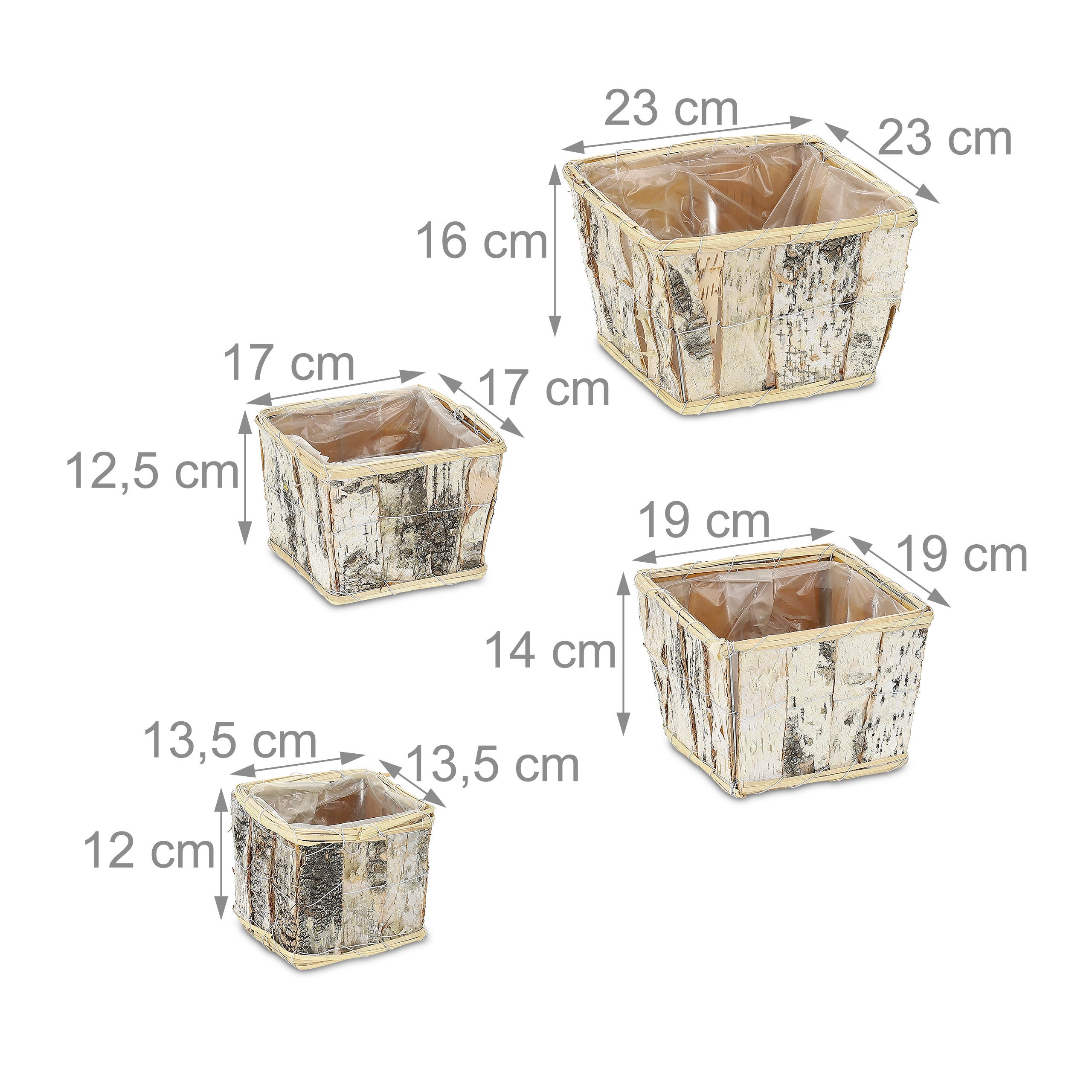 Vasi per Fiori, 4 Diverse Misure, Fioriere Quadrate con Corteccia di Betulla e Rivestimento, Bianco Naturale, Relaxdays - 4