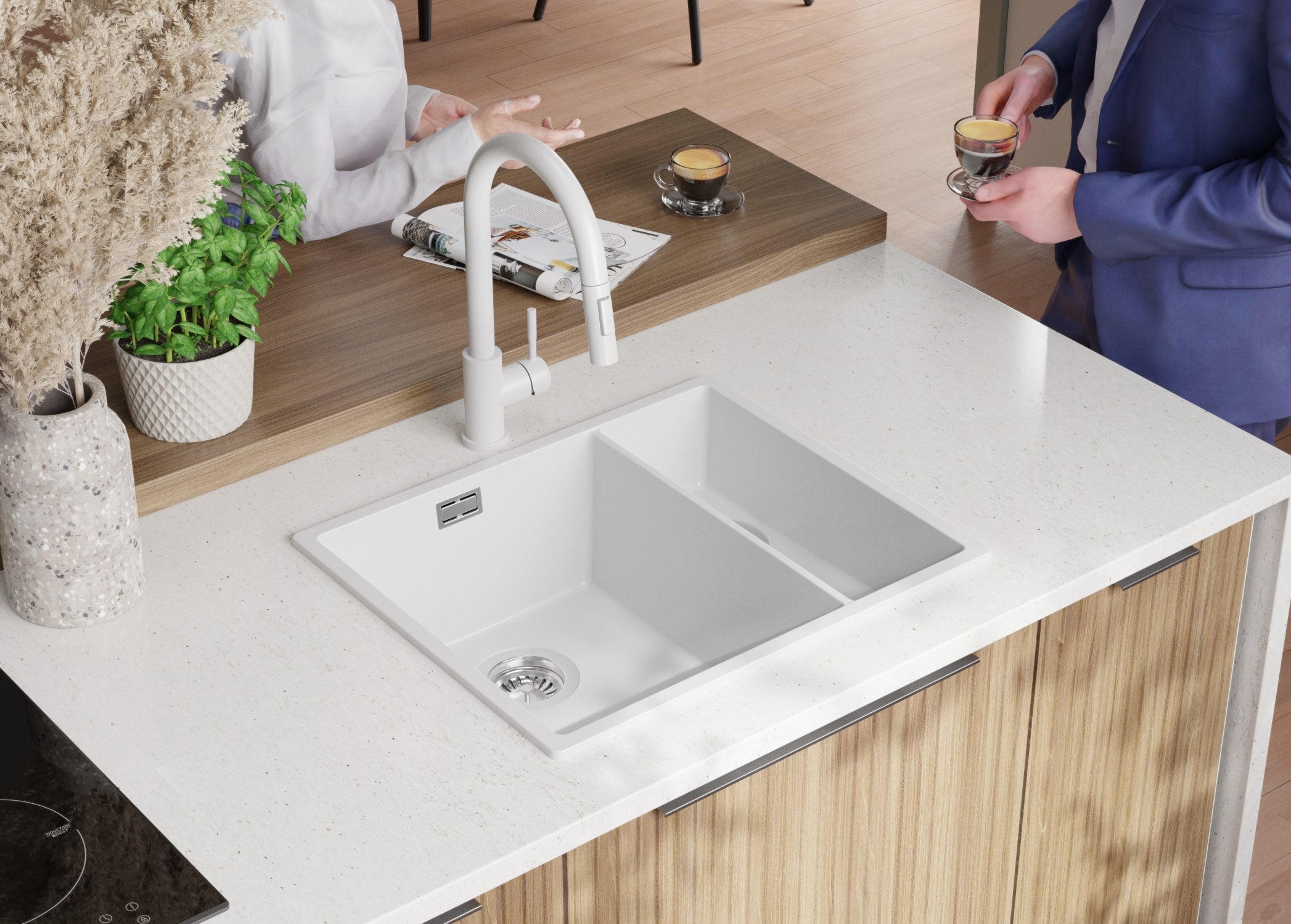 Lavandino da Cucina Bianco 56x47cm, Lavello in Granito a 1,5 vasche + Sifone Classico + Accessori, Lavabo da Cucina Incasso al mobile 60cm PRIMAGRAN - 4