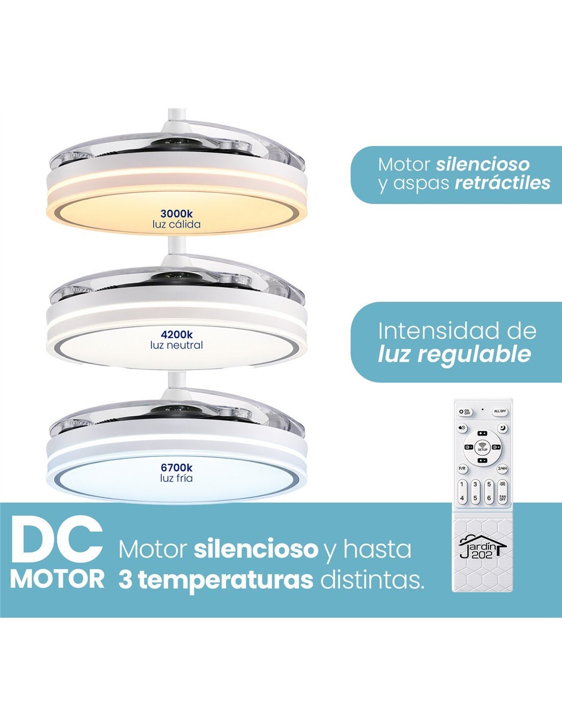 JARDIN202 - Ventilador de Techo con Aspas Retráctiles, Motor DC, Temporizador, Luz LED Regulable, Mando a Distancia | Tarifa (Blanco) - 3