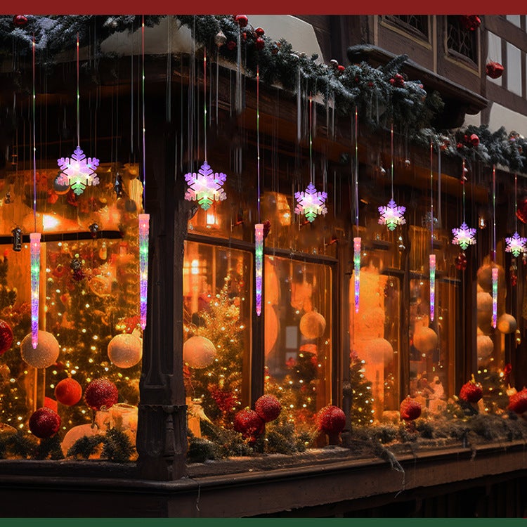 Catena luminosa natalizia a forma di fiocchi di neve e ghiaccioli, tenda luminosa a LED per esterni, alimentazione tramite USB, con telecomando - 4