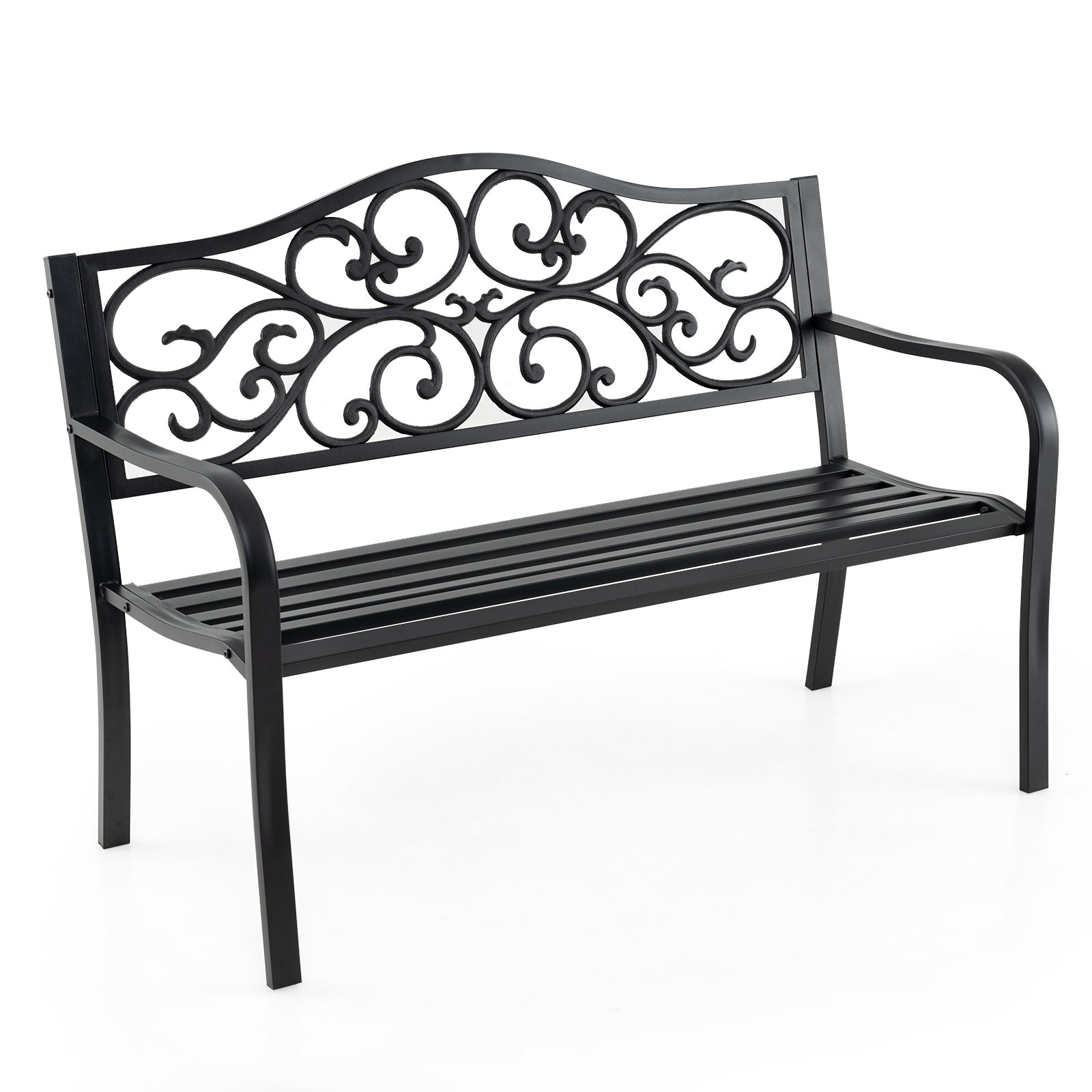 Metalowa ławka ogrodowa, ławka do siedzenia z żeliwa, 2-osobowa, z oparciem i podłokietnikami, ławka metalowa,na taras, 128 x 62 x 89 cm, czarna
