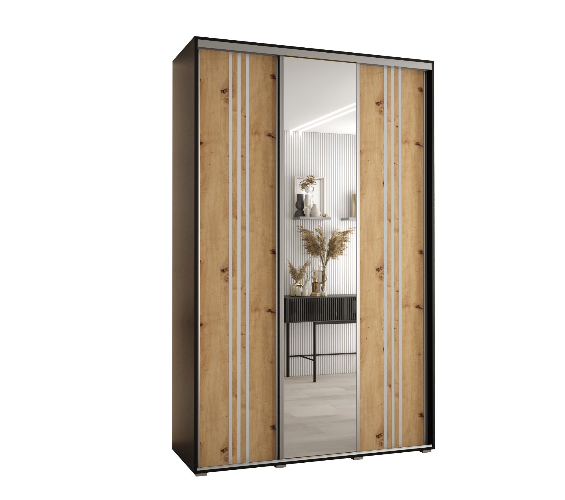 Szafa przesuwna z lustrem wysoka Davos 7 160 x 60 x 235,2 cm czarny + artisan + u. srebrny - Abiks Meble