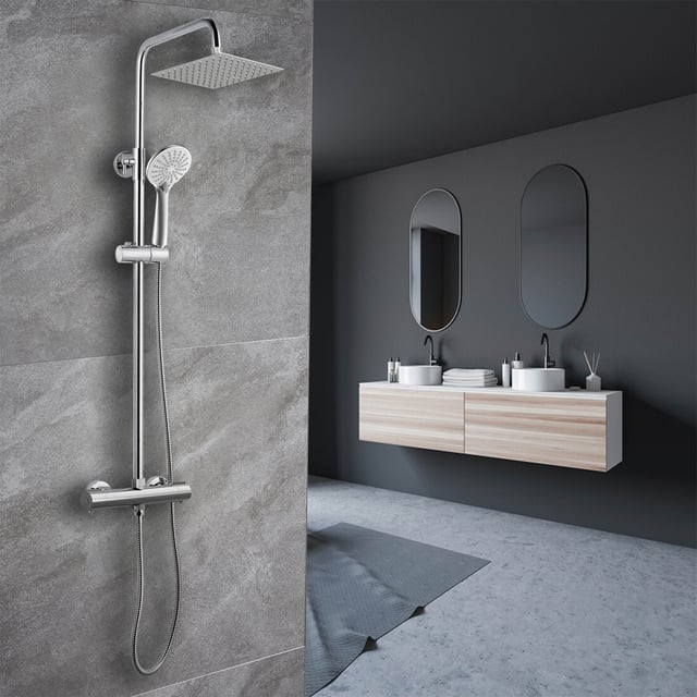 AICA Colonna doccia con soffione quadrato cromato,Miscelatore doccia termostatico con flessibile antitorsione