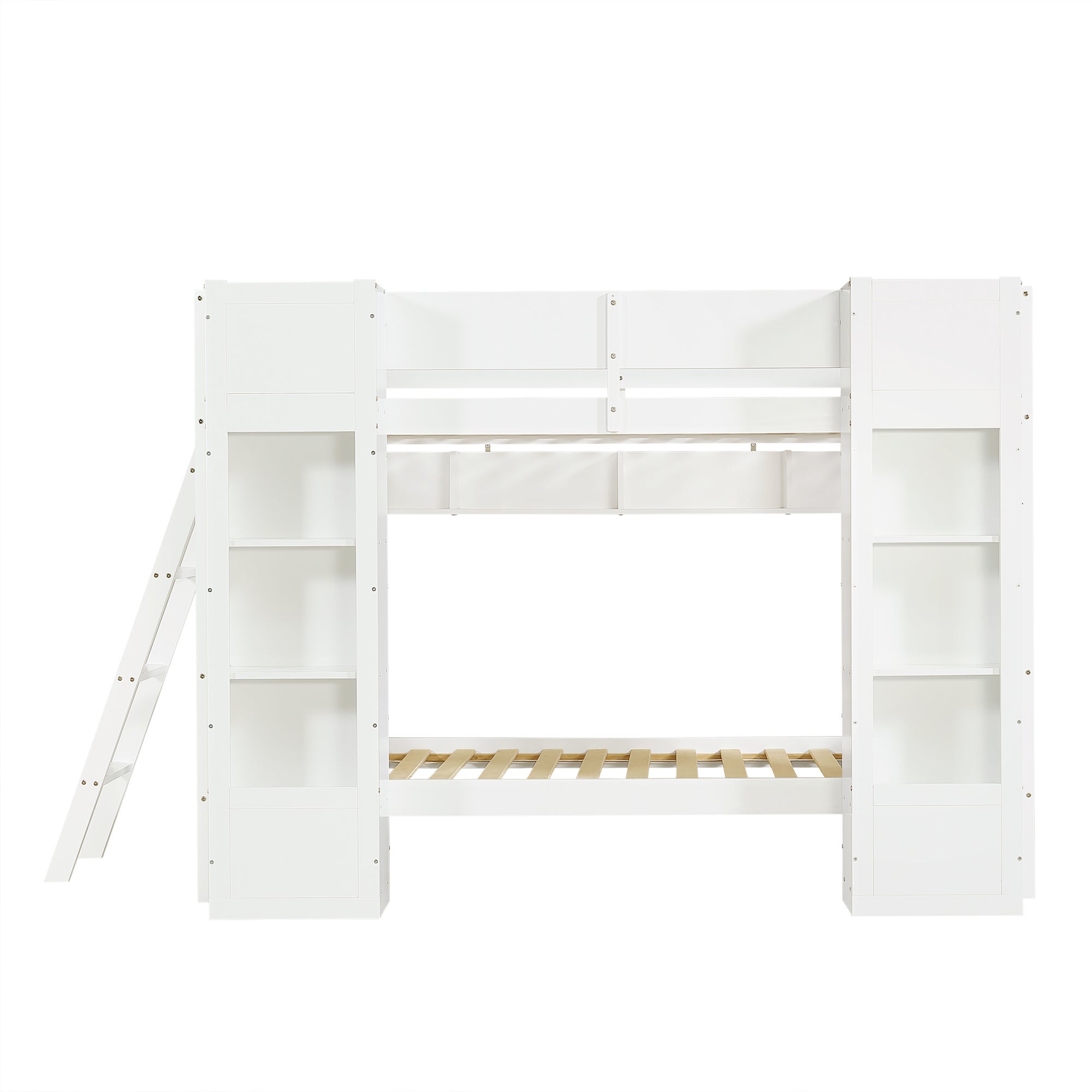 Lit superposé 2 places multifonction 90x200 cm avec 2 armoires frontales et étagère suspendue, lit superposé enfant avec barrière de sécurité - blanc - 8
