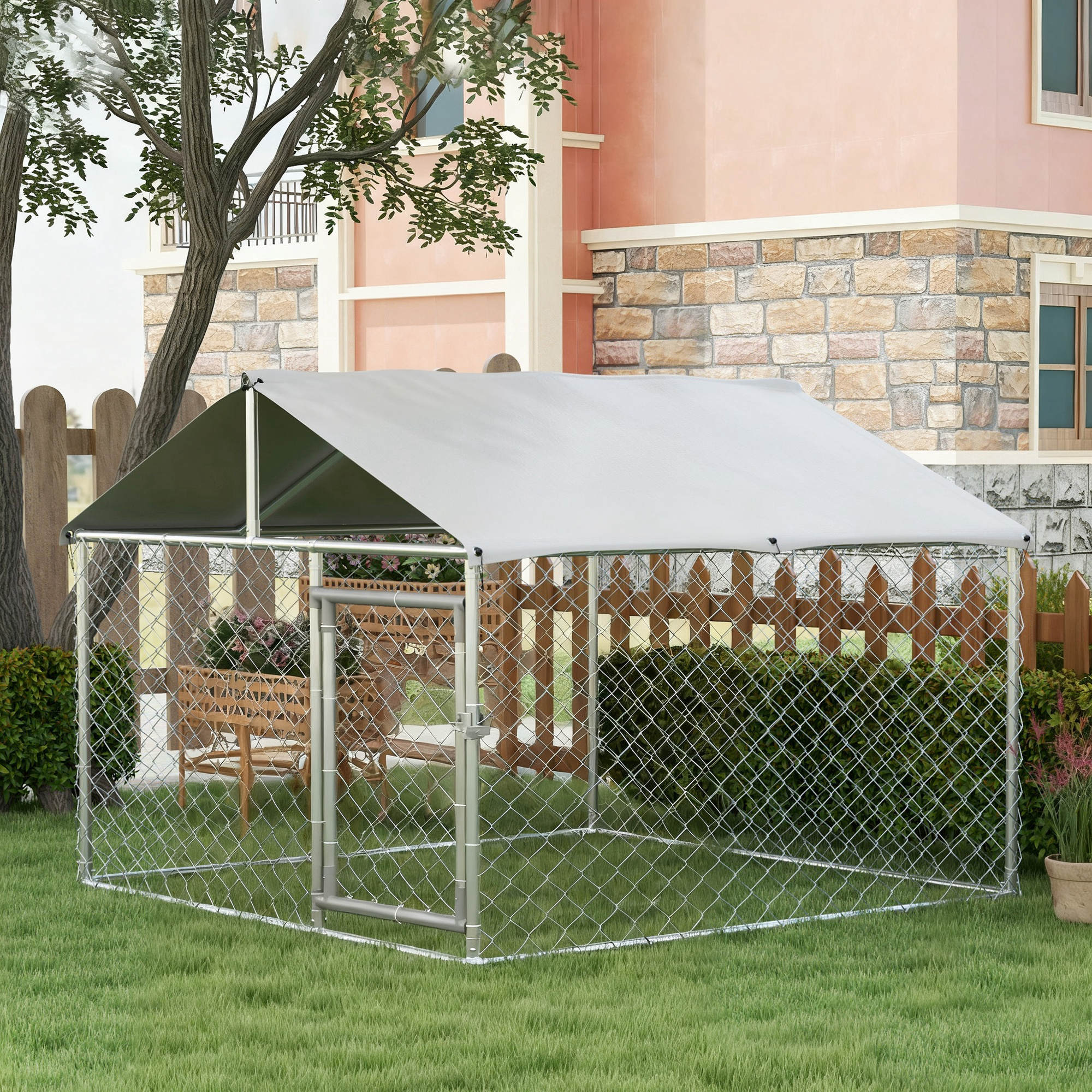 Parque para Perros PawHut Acero Galvanizado, Tela Oxford Plata 200x200x150 cm - 2