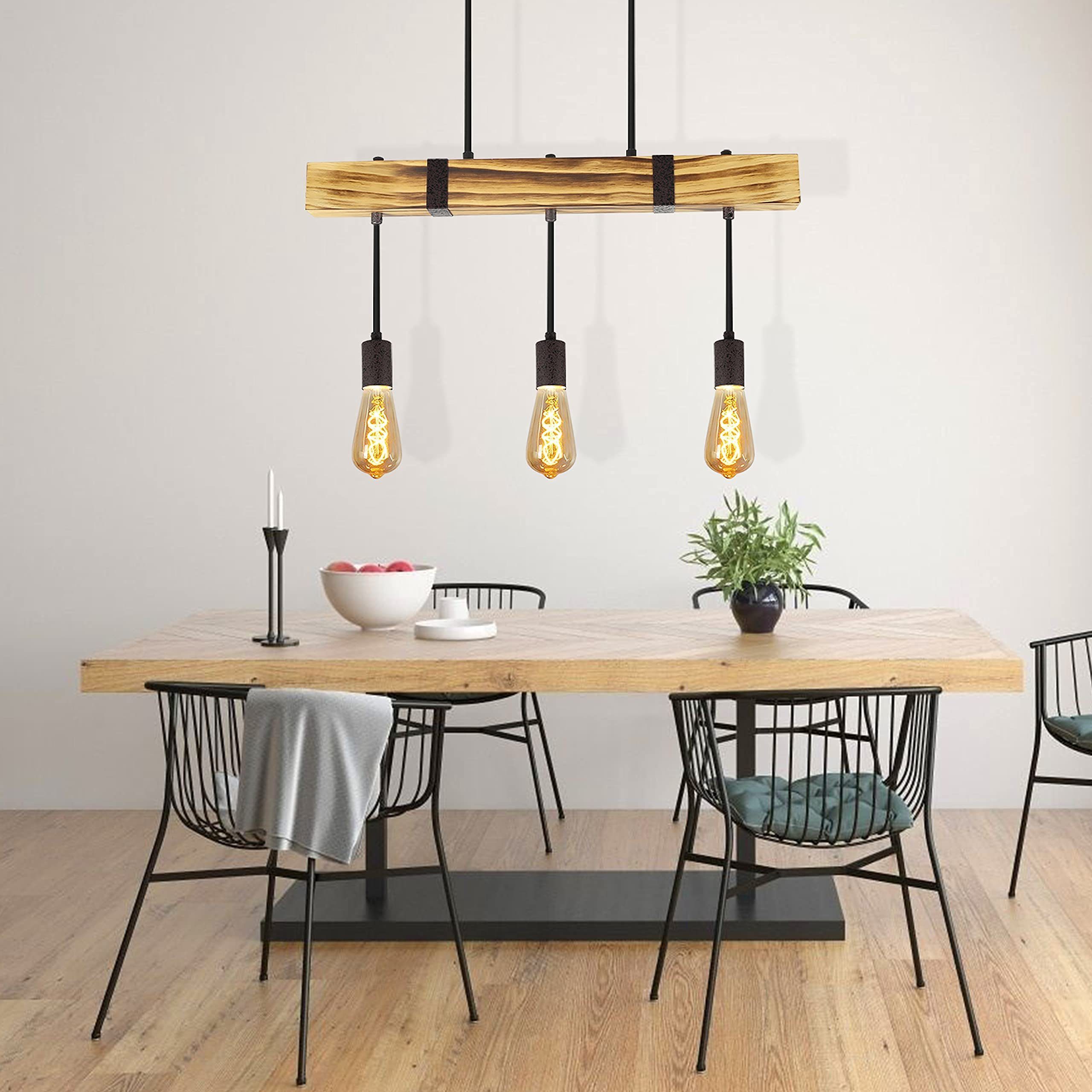 ZMH Suspension Vintage en bois avec poutre d'un diamètre de 61 cm 3 douilles E27 hauteur réglable puissance - 5