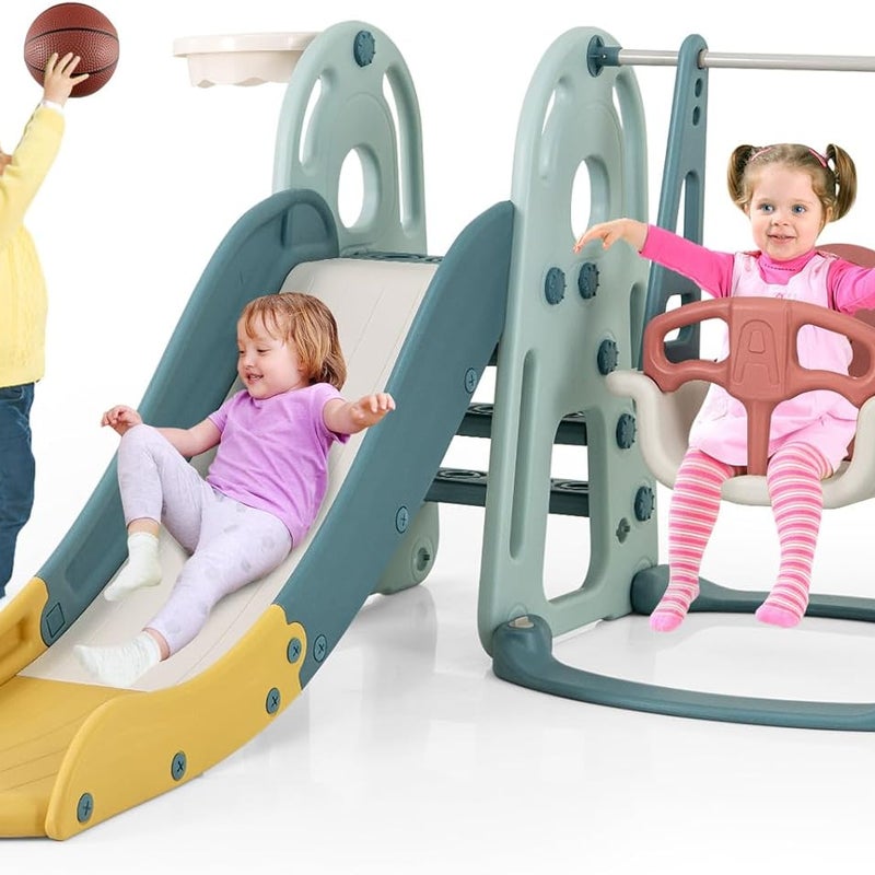 4 w 1 Zjeżdżalnia dla Dzieci z Huśtawką, Koszem do Koszykówki, Schodami, Zestawem do Zabawy w Domu dla Dzieci Powyżej 18 Miesięcy, Obciążenie 30 kg