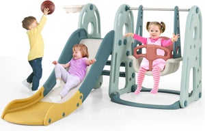 Scivolo Per Bambini 5-in-1 Con Canestro E Cestino Portagiochi: Set Da Gioco Per Interni/Esterni, Dai 1 Ai 6 Anni (Verde) - 2