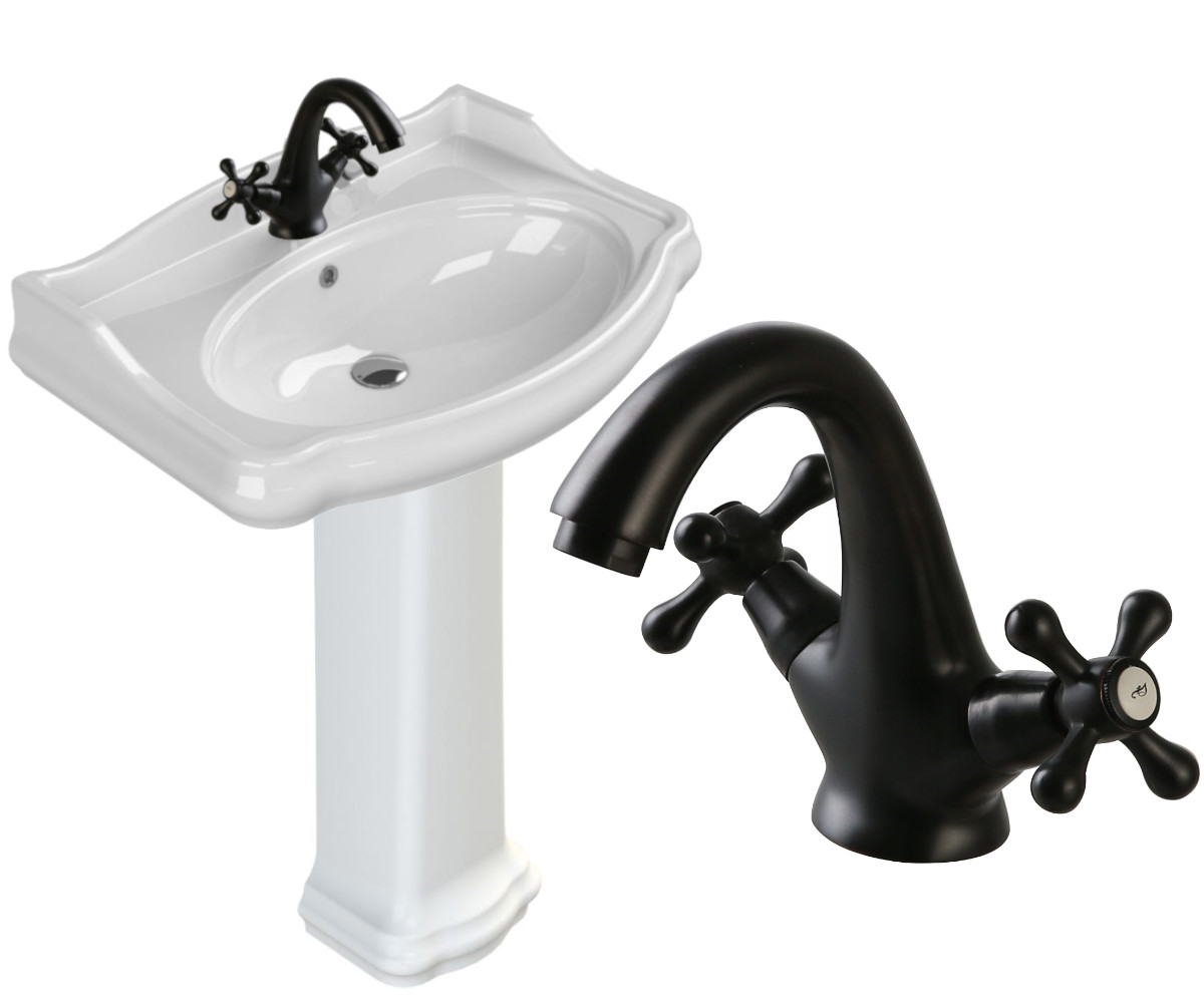 Umywalka z postumentem 80x54 cm retro ceramiczna, biała, z baterią retro czarna