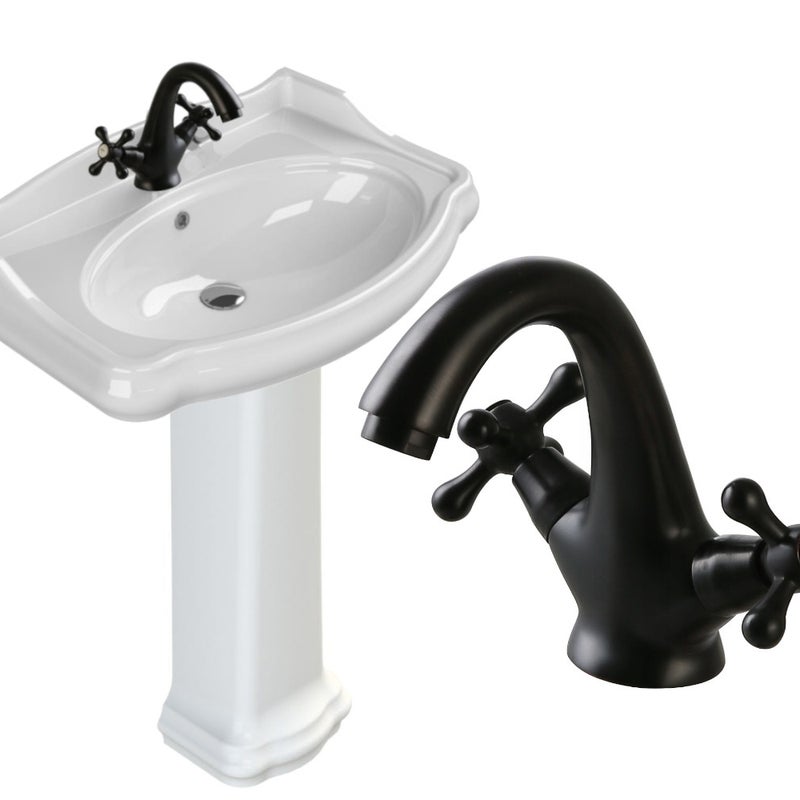 Umywalka z postumentem 80x54 cm retro ceramiczna, biała, z baterią retro czarna