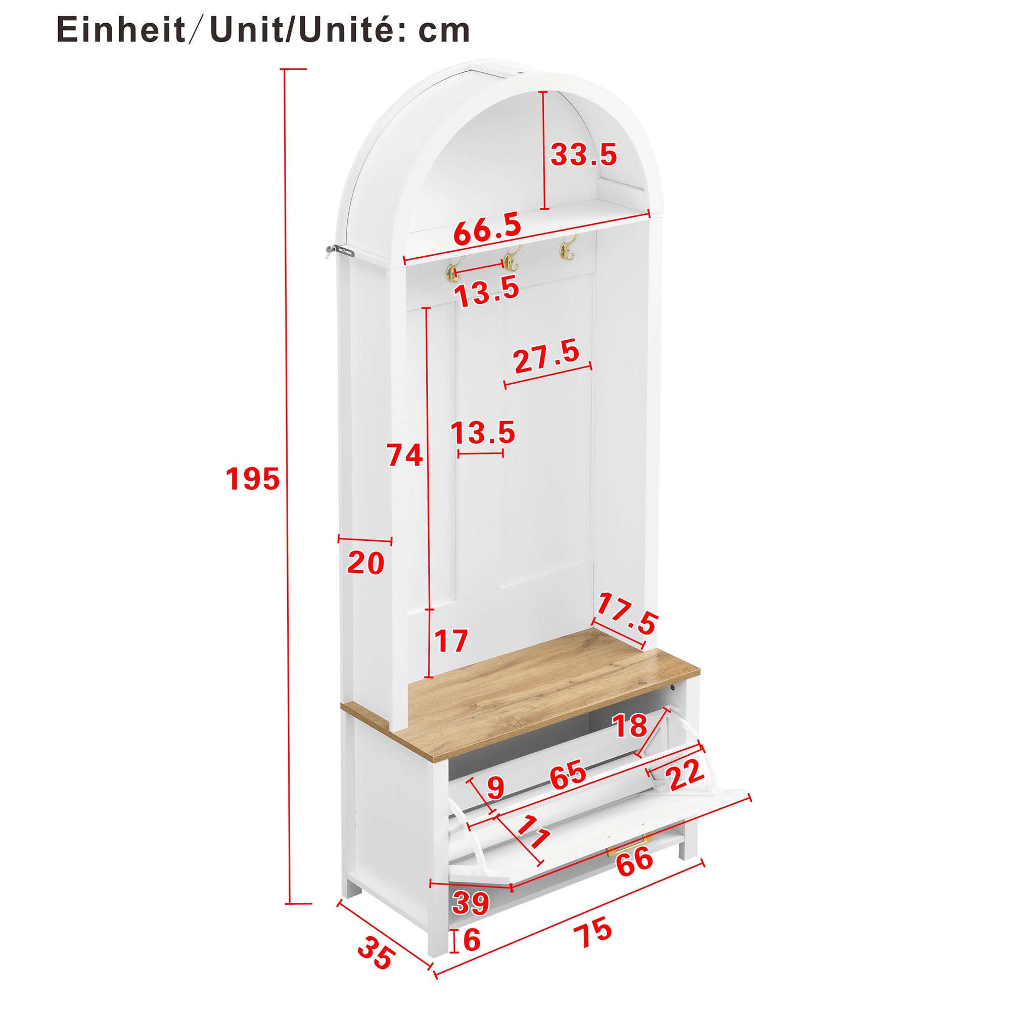 Ensemble vestiaire d'entrée 75x35x195 cm - Avec meuble à chaussures et crochets - Avec étagères - Blanc et naturel - 5