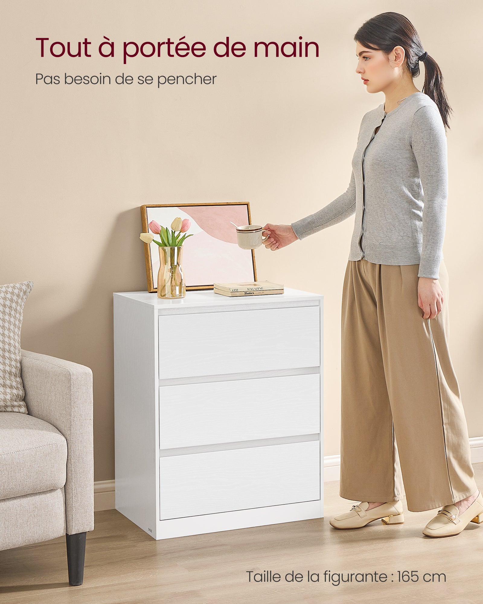 KAILYN Collection - Commode Chambre 3 Tiroirs, Armoire de Rangement, Meuble à Vêtements, 40 x 60 x 75 cm, Style Moderne, Blanc Neige - 6